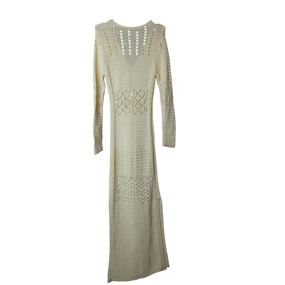 Solid And Striped Cream Crochet Knit Maxi Dress Long Sleeve V Neck Button Accent - Picture 2 of 15